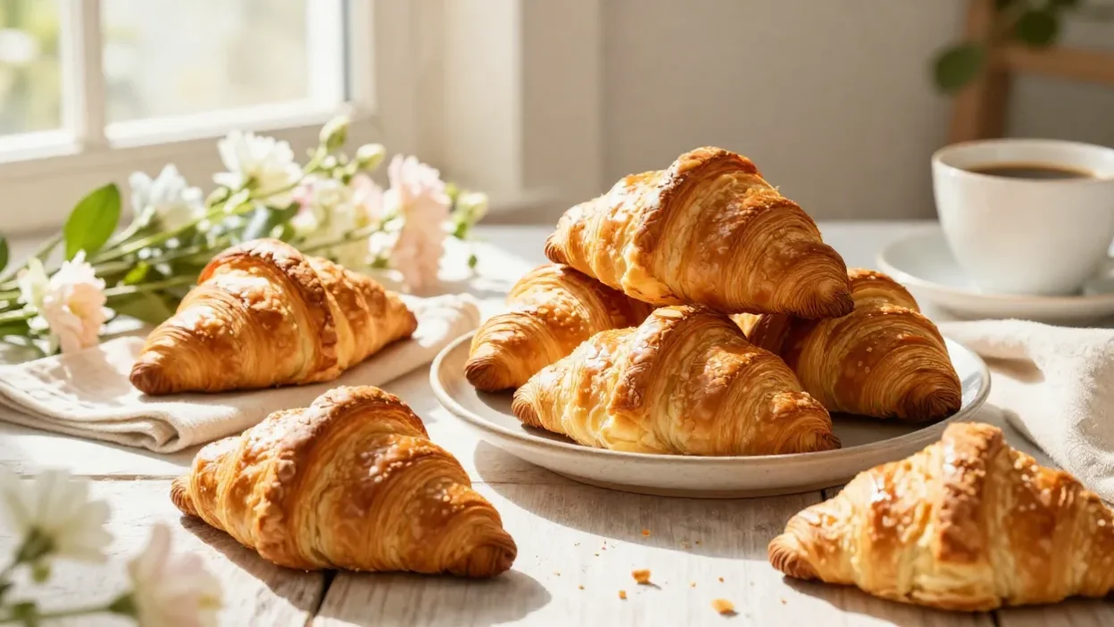 Golden croissants on a festive table with warm sunlight.