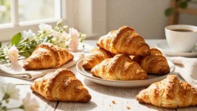 Golden croissants on a festive table with warm sunlight.