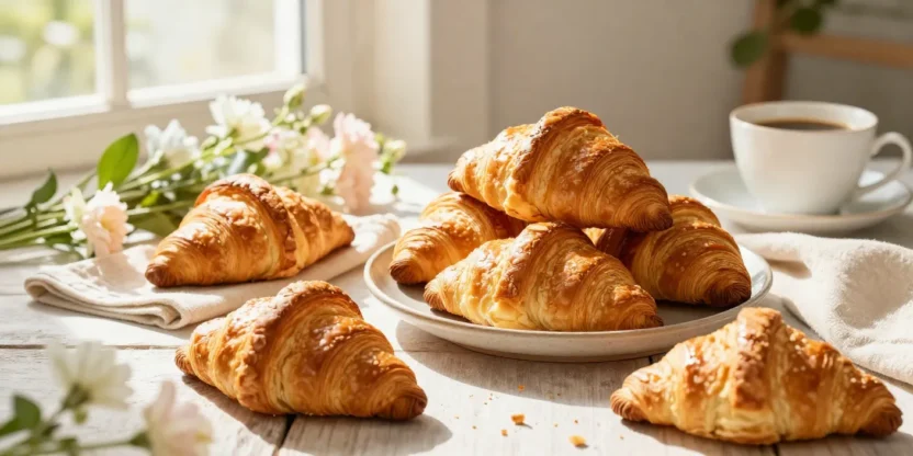 Golden croissants on a festive table with warm sunlight.