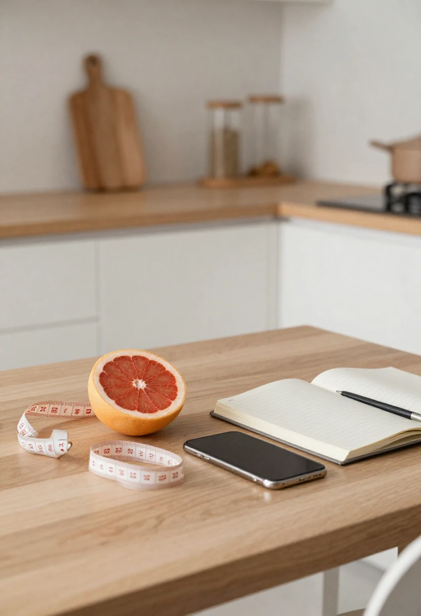 Grapefruit and measuring tape beside smartphone representing curiosity about HCG diet drops online.