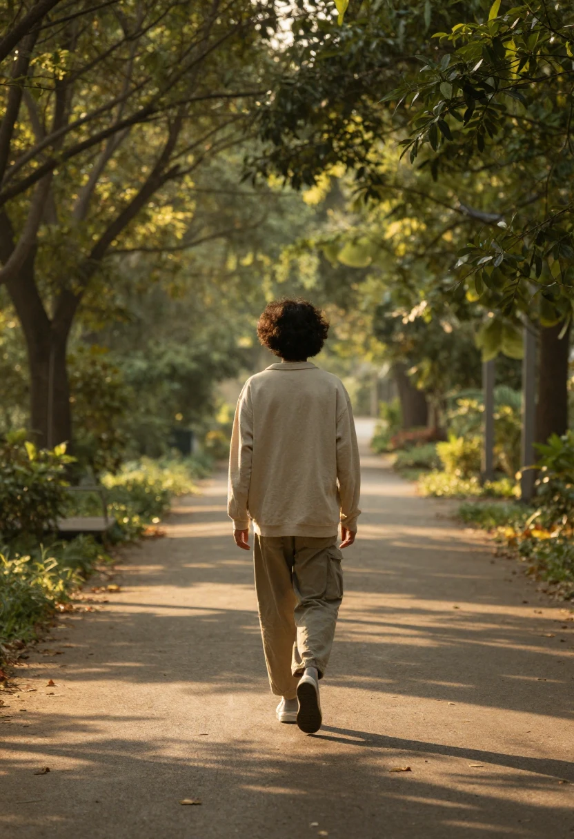 A person walking along a peaceful tree-lined path in soft morning sunlight