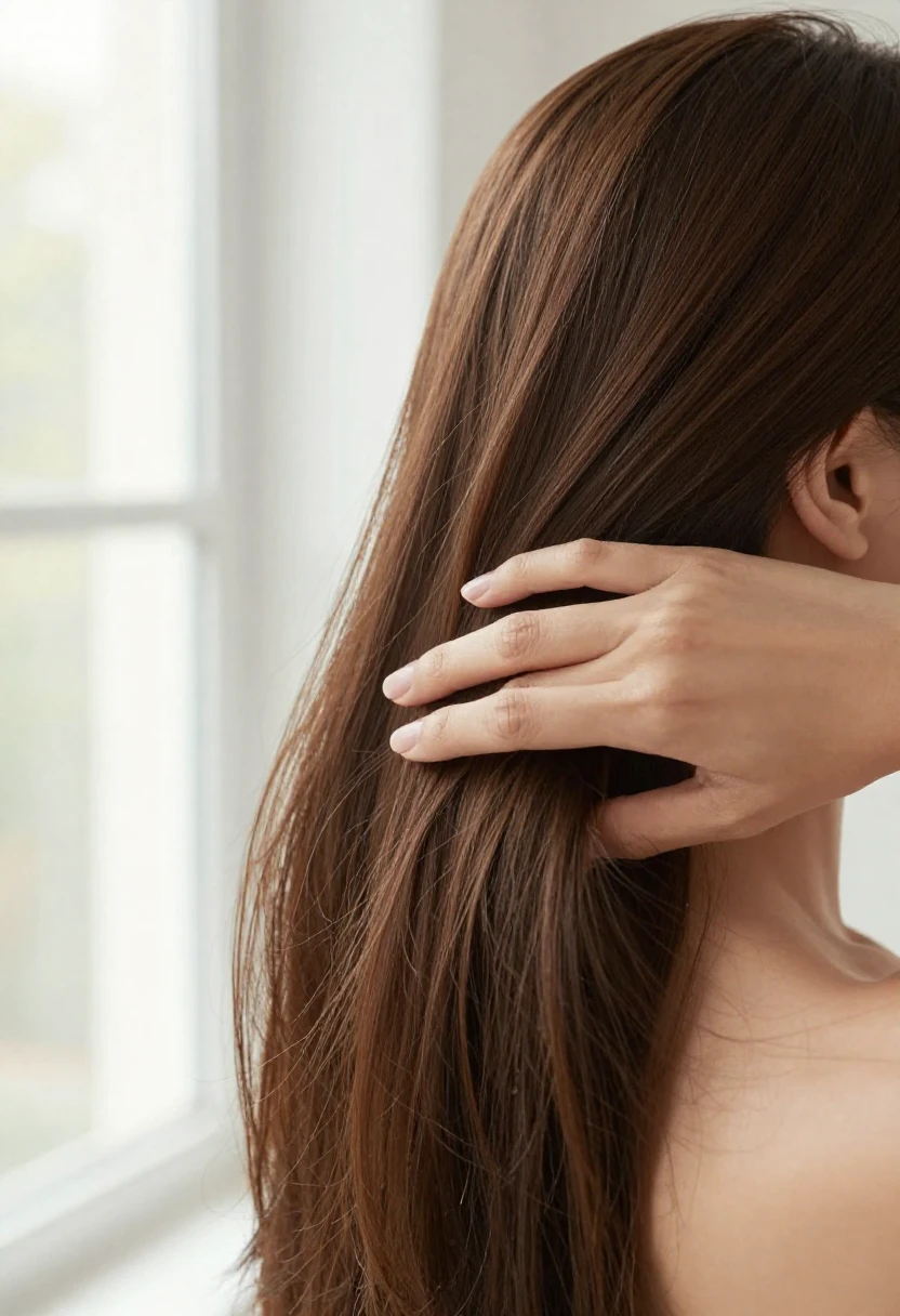 A woman with healthy glossy hair near a bright window representing the connection between diet and hair health