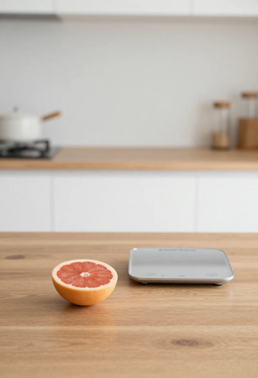 Halved grapefruit with kitchen scale representing claims about grapefruit and fat burning