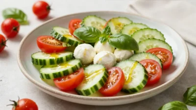 Fresh cucumber Caprese salad with tomatoes, mozzarella, and basil