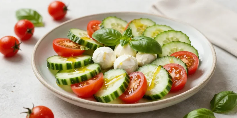 Fresh cucumber Caprese salad with tomatoes, mozzarella, and basil