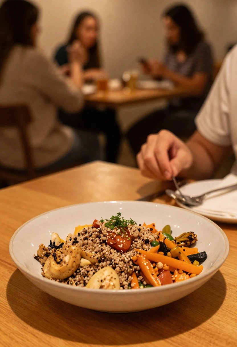 A colorful plant-based grain bowl served at a restaurant table in a warm dining atmosphere