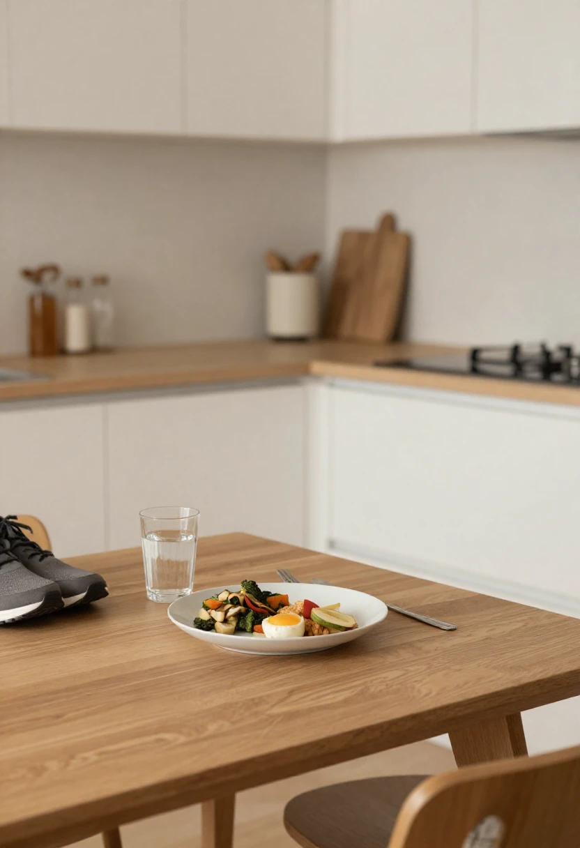 Small meal and running shoes symbolizing low energy levels on the HCG diet.