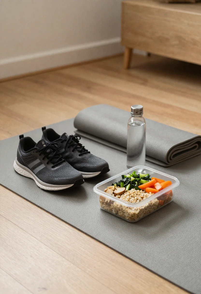 Running shoes and healthy meal prep representing waiting to resume exercise after a restrictive diet.