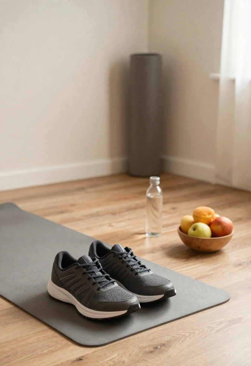 Running shoes, water, and fruit representing exercise as part of healthy weight loss.