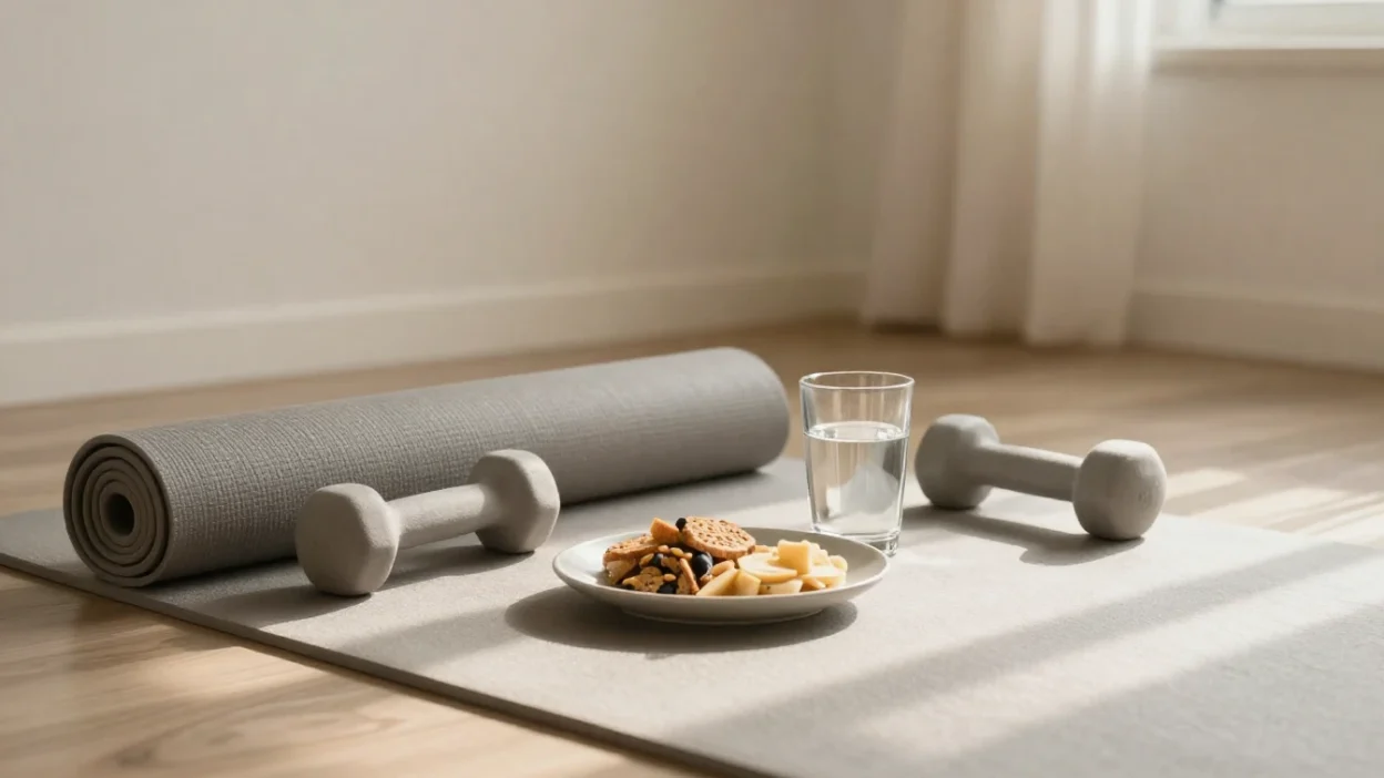 Yoga mat, dumbbells, and light snack representing exercise while on a restrictive diet.
