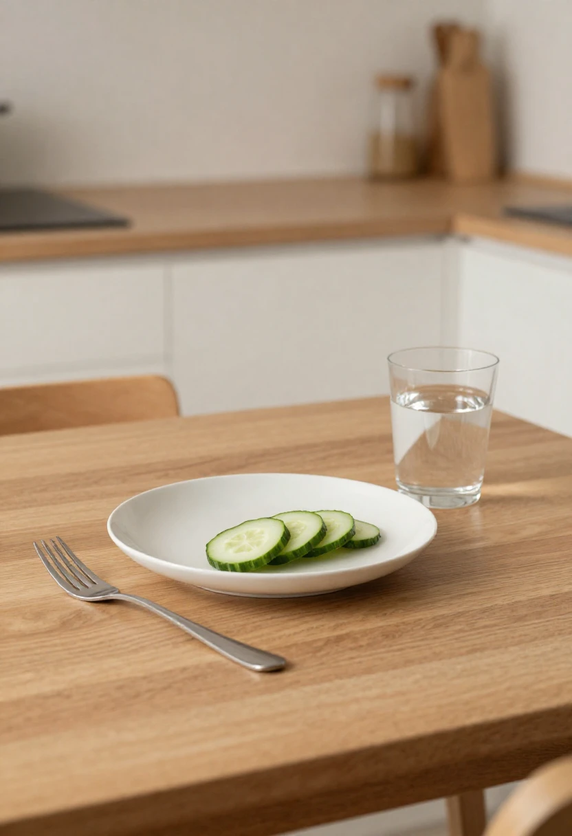 Nearly empty plate with cucumber slices representing an extremely low-calorie diet.