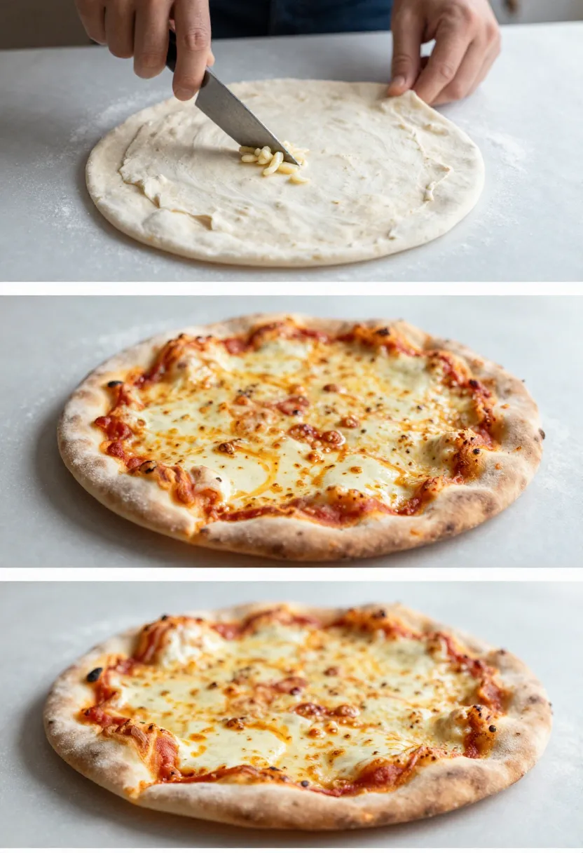 Simple flatbread pizza preparation and baked crispy result