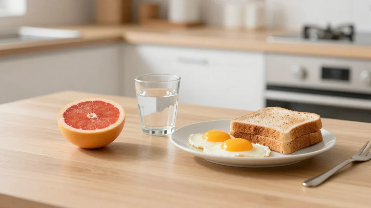 Fresh pink grapefruit with balanced breakfast representing the Grapefruit Diet and citrus-based weight loss