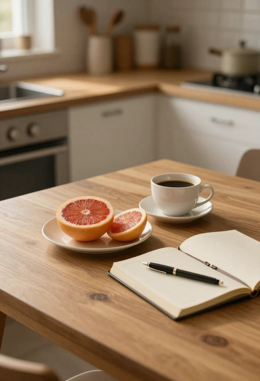 Grapefruit breakfast with journal symbolizing personal experiences and lessons from the Grapefruit Diet
