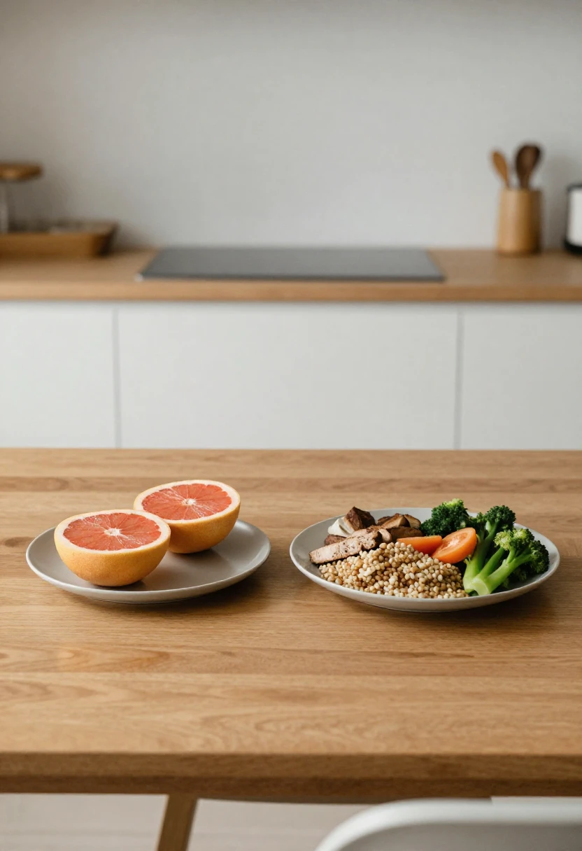 Two meal plates comparing restrictive grapefruit diet and balanced long-term eating