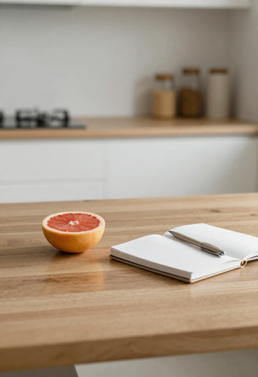 Halved grapefruit and notebook symbolizing careful consideration before starting the Grapefruit Diet
