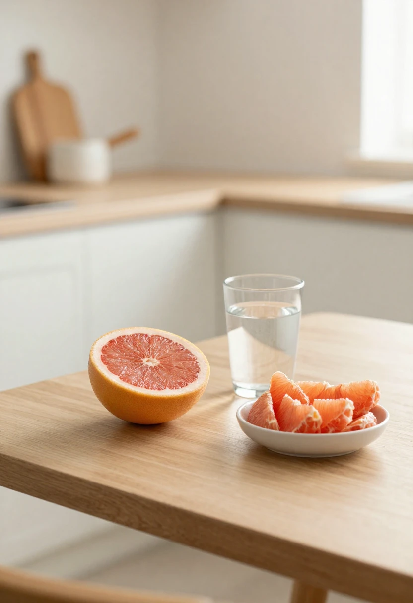 Fresh grapefruit and water illustrating how grapefruit may support digestion and appetite control