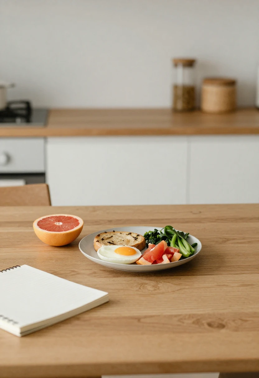 Grapefruit next to balanced meal and notebook representing weight loss claims versus scientific evidence