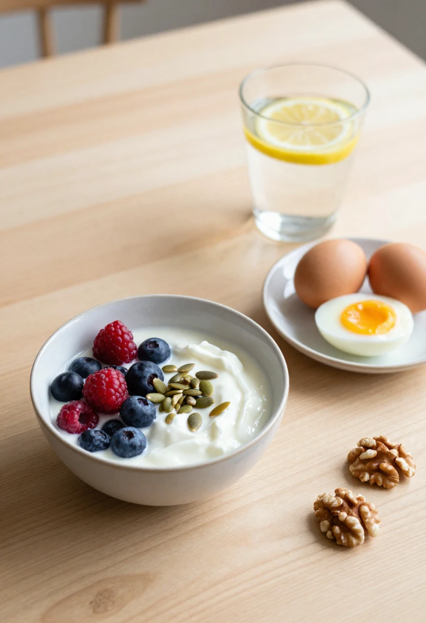 A hair-healthy breakfast spread with Greek yogurt berries eggs and walnuts on a wooden table in soft morning light