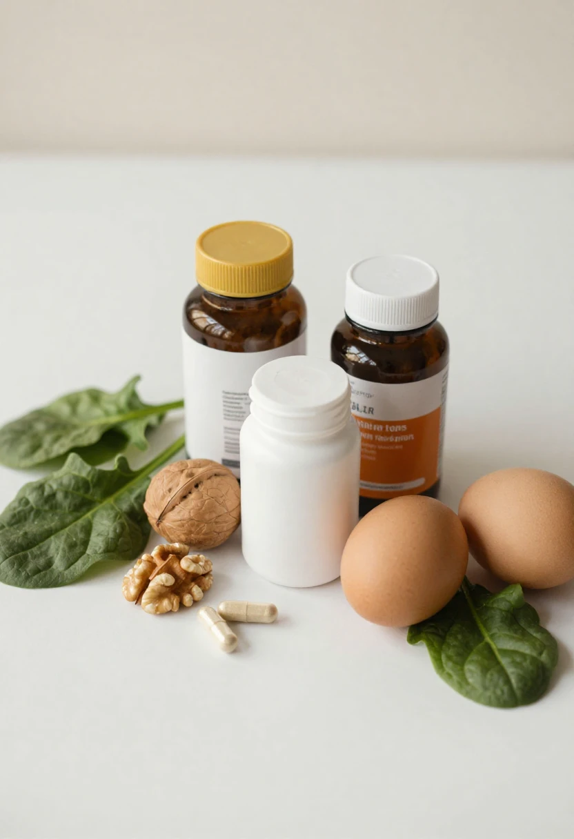 Hair supplements next to natural food sources of biotin iron and zinc representing the choice between supplements and whole foods