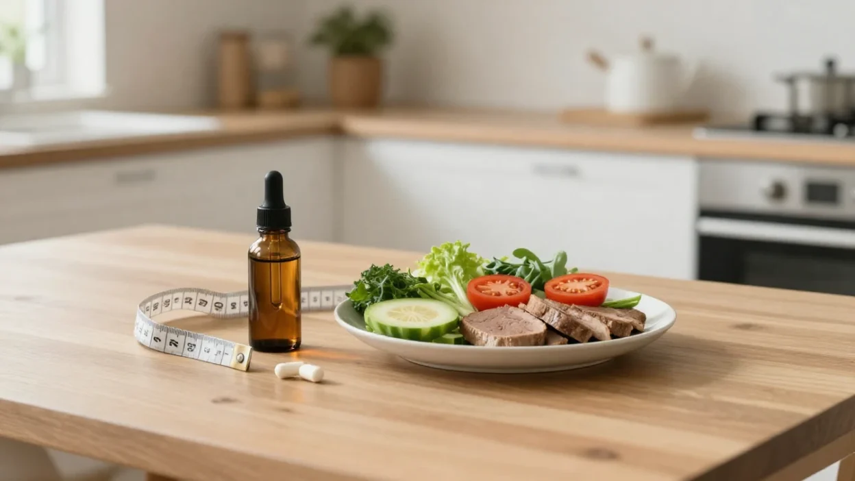 Dropper bottle and balanced meal representing HCG diet drops and weight loss supplements.