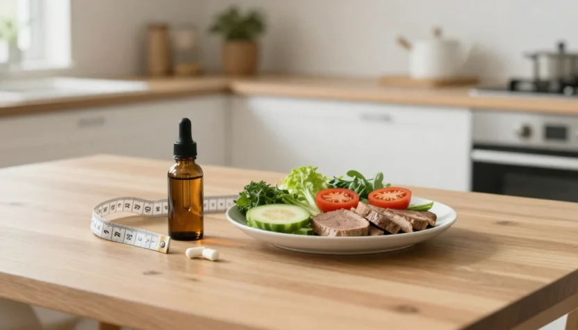 Dropper bottle and balanced meal representing HCG diet drops and weight loss supplements.