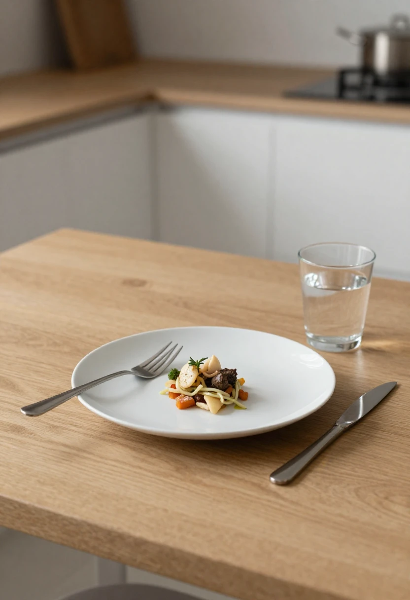 Tiny portion of food on large plate illustrating extreme calorie restriction in the HCG diet.