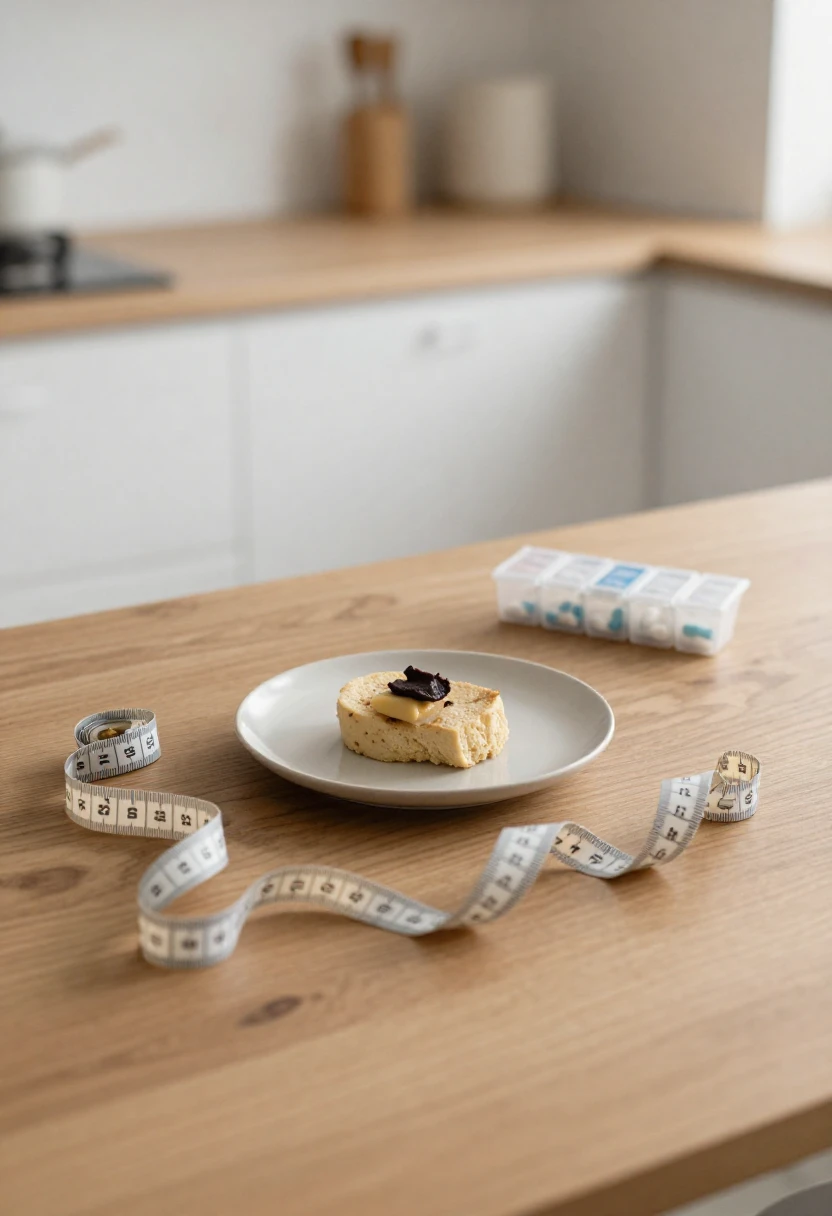 Minimal meal with measuring tape and medicine organizer representing health risks of extreme dieting.