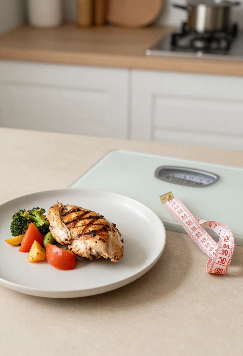 Small low-calorie meal with measuring tape and scale representing the HCG diet