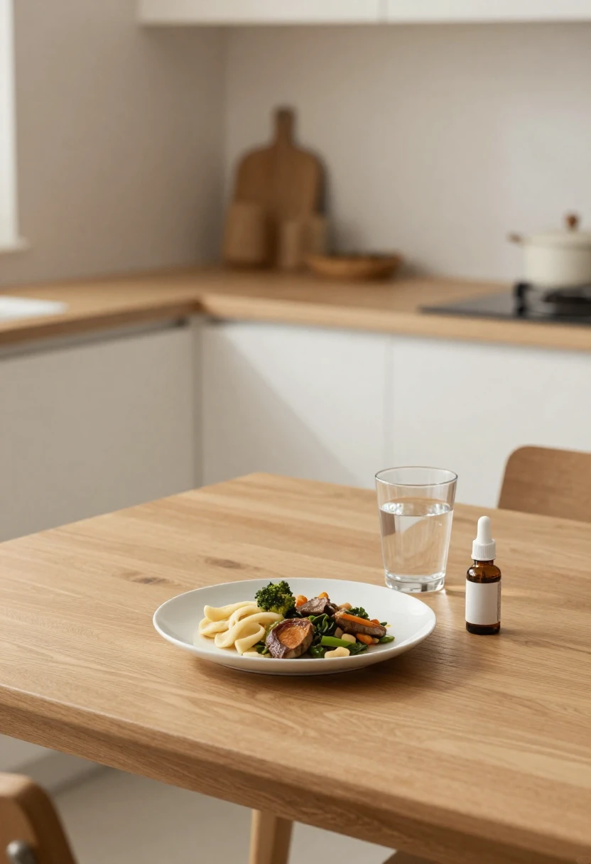 Minimal meal and dropper bottle illustrating the concept behind the HCG diet.