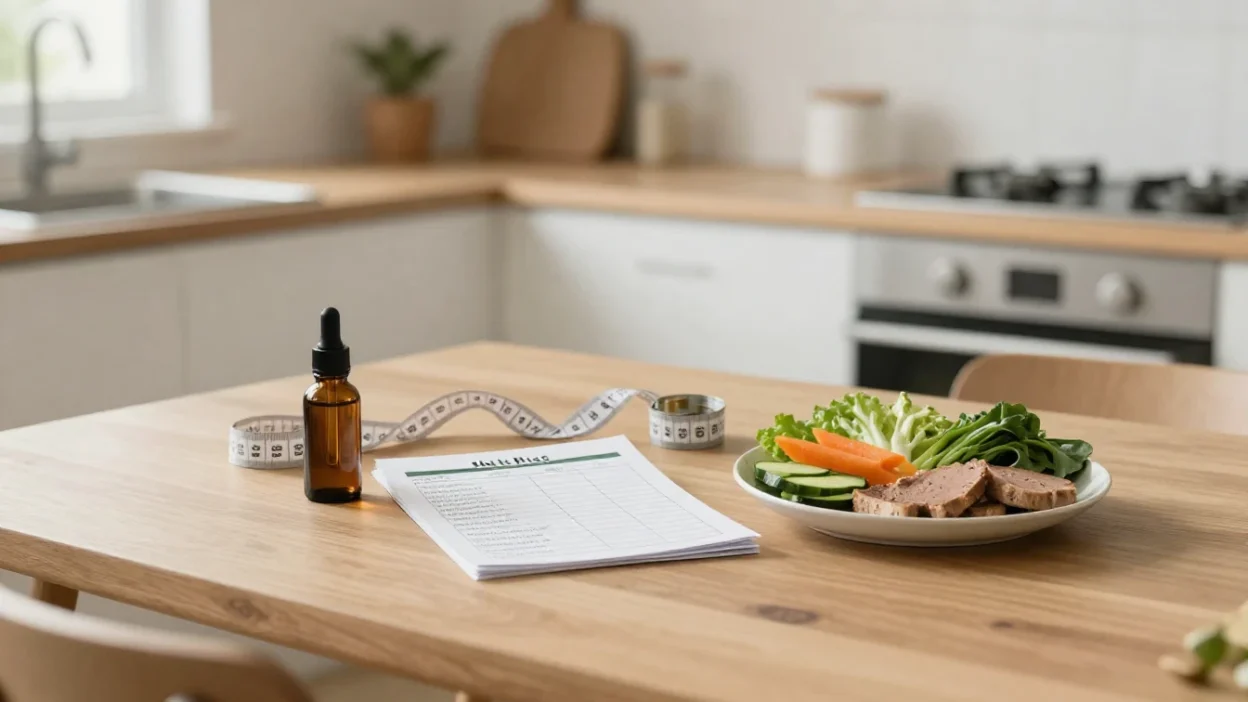 HCG diet package concept with meal plan, measuring tape, and supplement bottle.