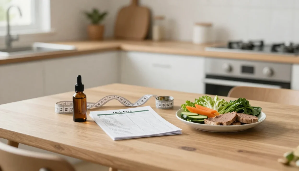 HCG diet package concept with meal plan, measuring tape, and supplement bottle.