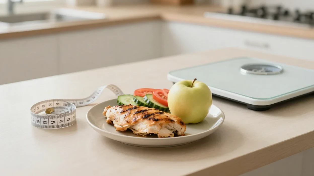 HCG diet concept with small low-calorie meal, measuring tape and scale