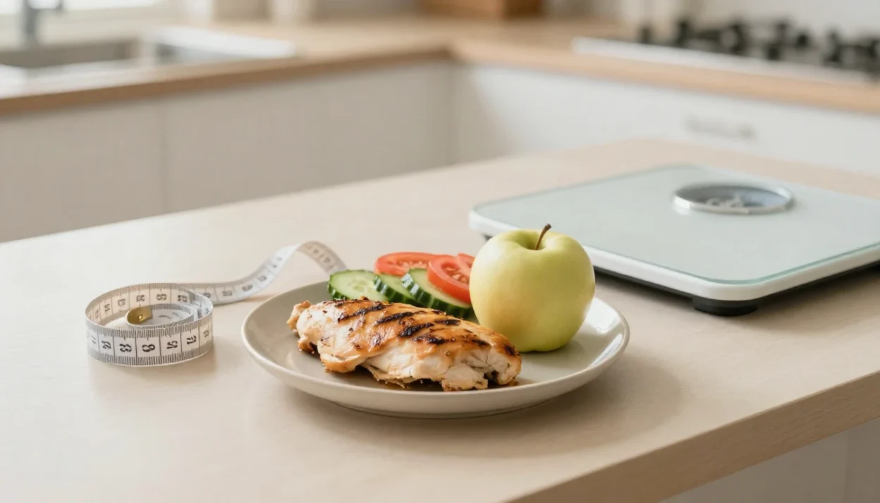 HCG diet concept with small low-calorie meal, measuring tape and scale