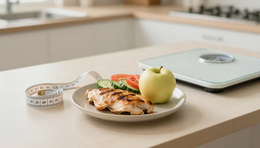 HCG diet concept with small low-calorie meal, measuring tape and scale