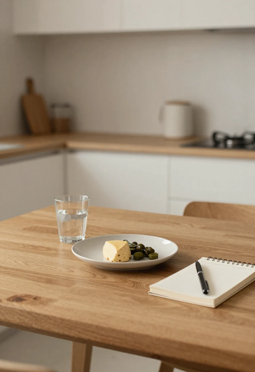 Minimal diet meal with notebook representing curiosity around the HCG diet trend.