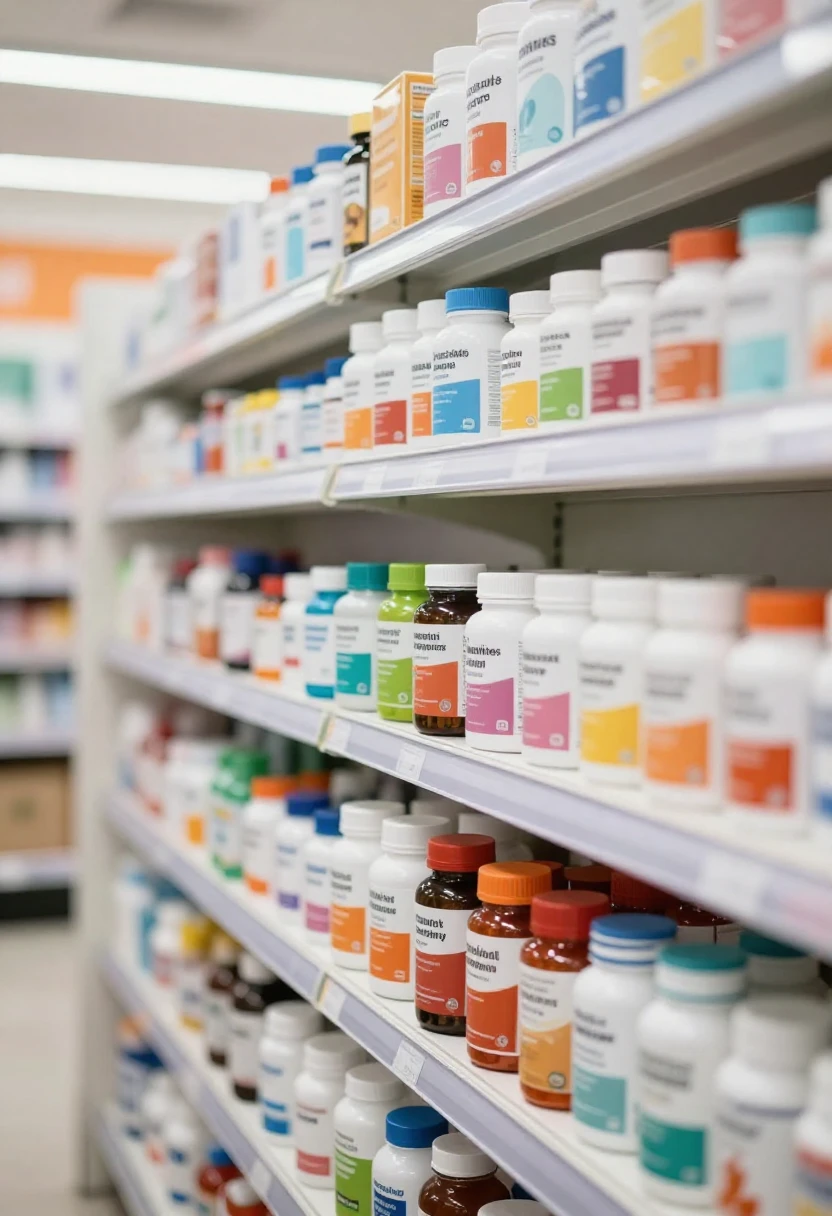 Weight loss supplements displayed on pharmacy shelves