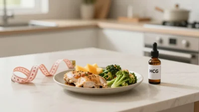 HCG supplement concept with healthy meal and measuring tape