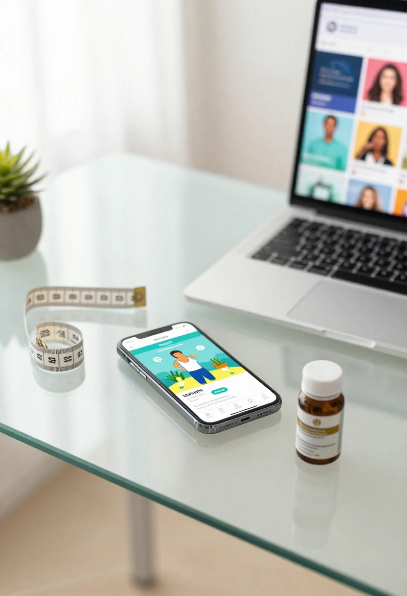 Smartphone showing weight loss supplement advertisement with measuring tape