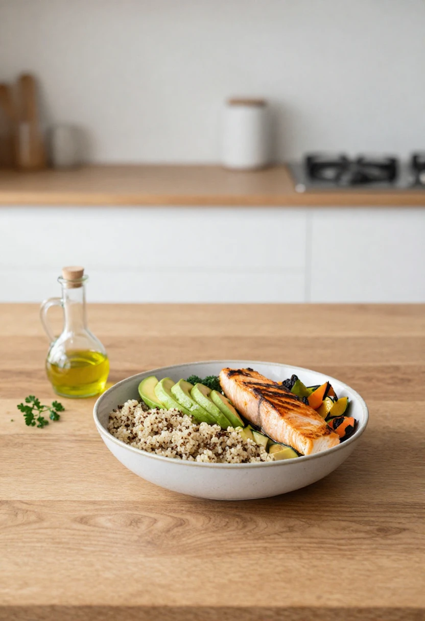 Balanced healthy meal with whole foods representing sustainable weight-loss habits.