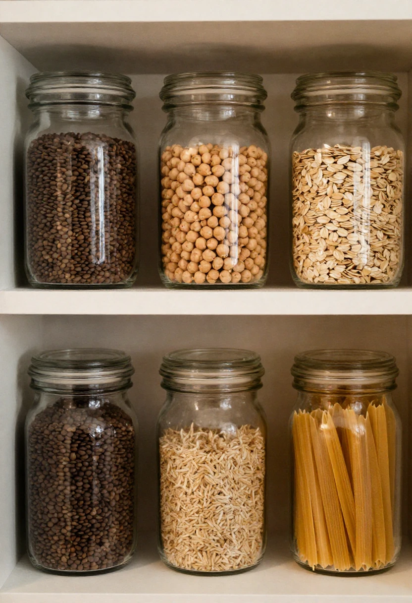 Organized pantry shelf with glass jars of lentils, chickpeas, oats, rice and other healthy budget staples