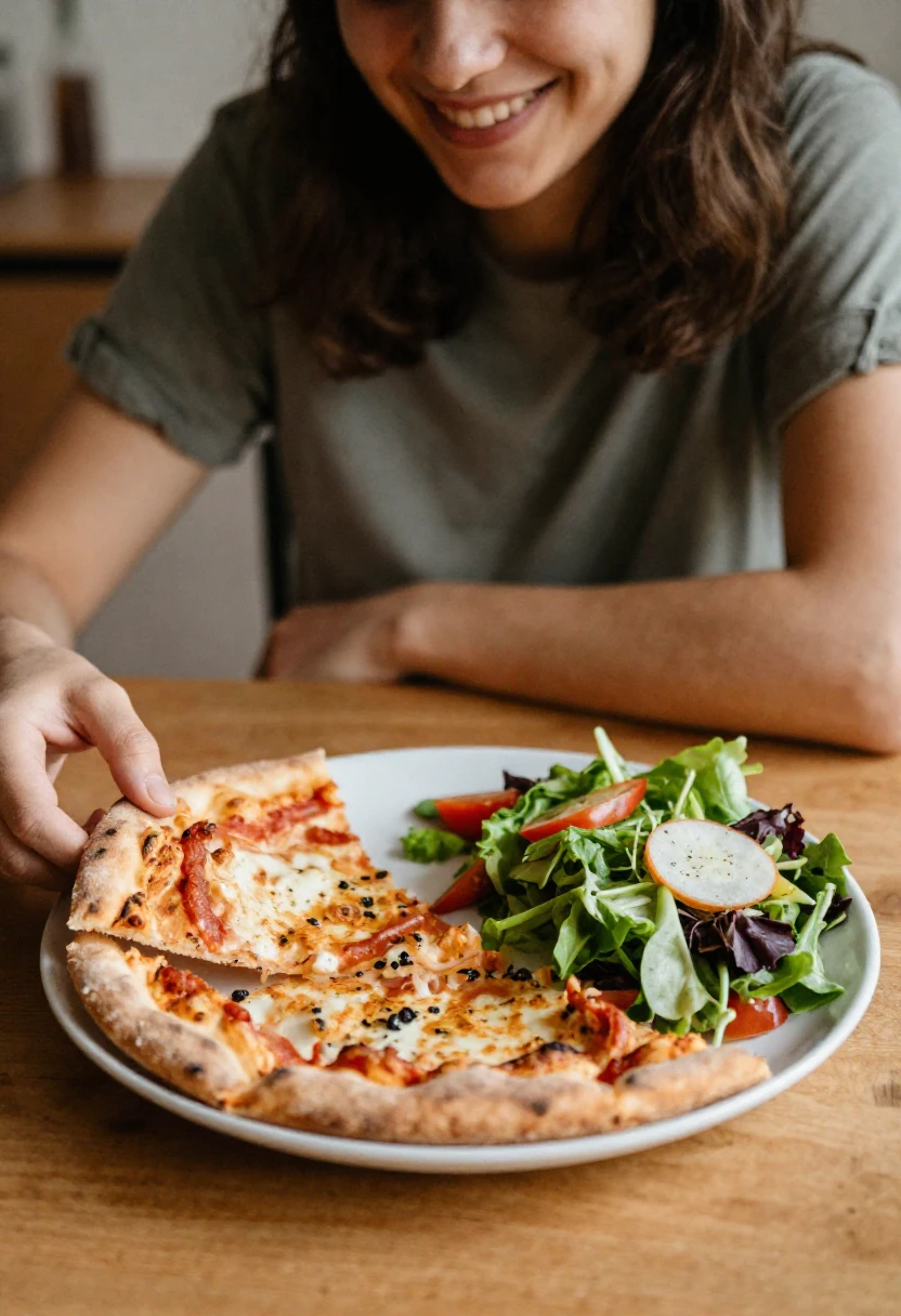 Balanced meal with favorite foods — pizza and salad on the same plate