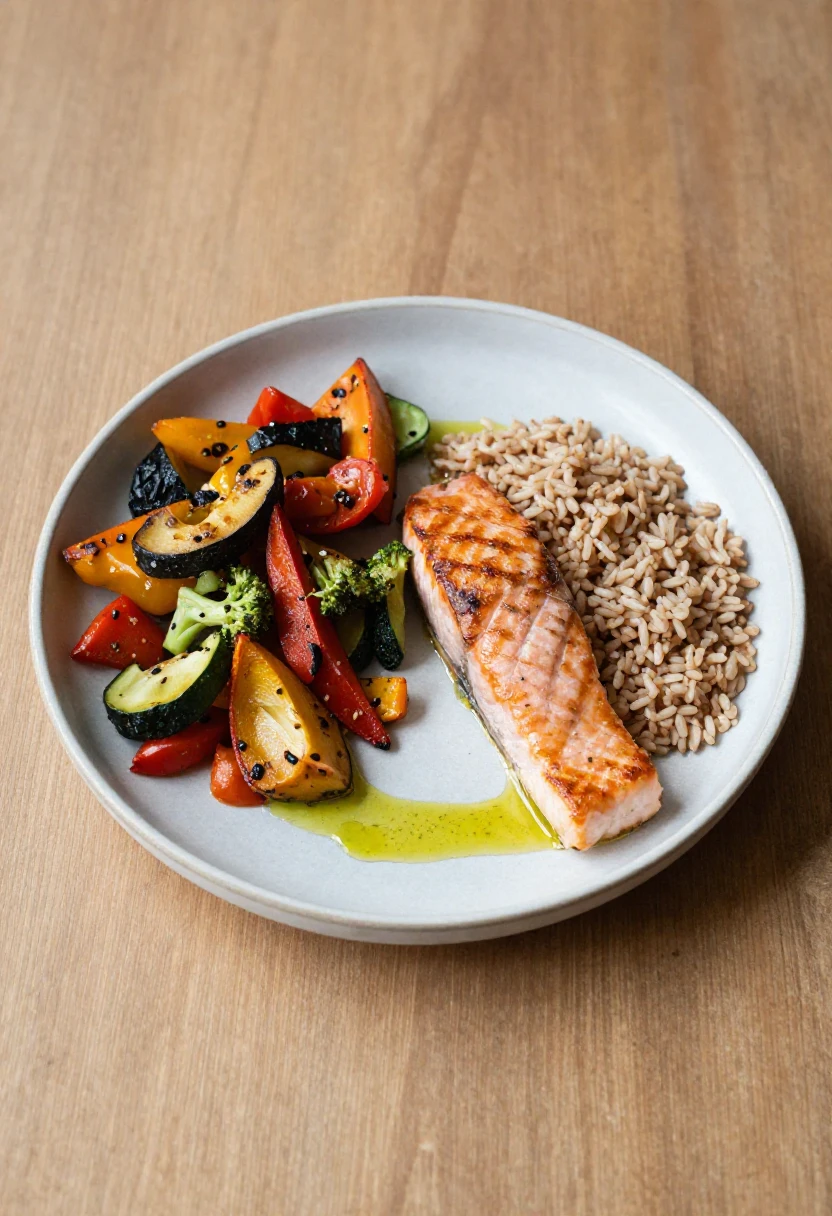 A balanced plate with vegetables, grilled salmon, brown rice, and olive oil on a rustic wooden table