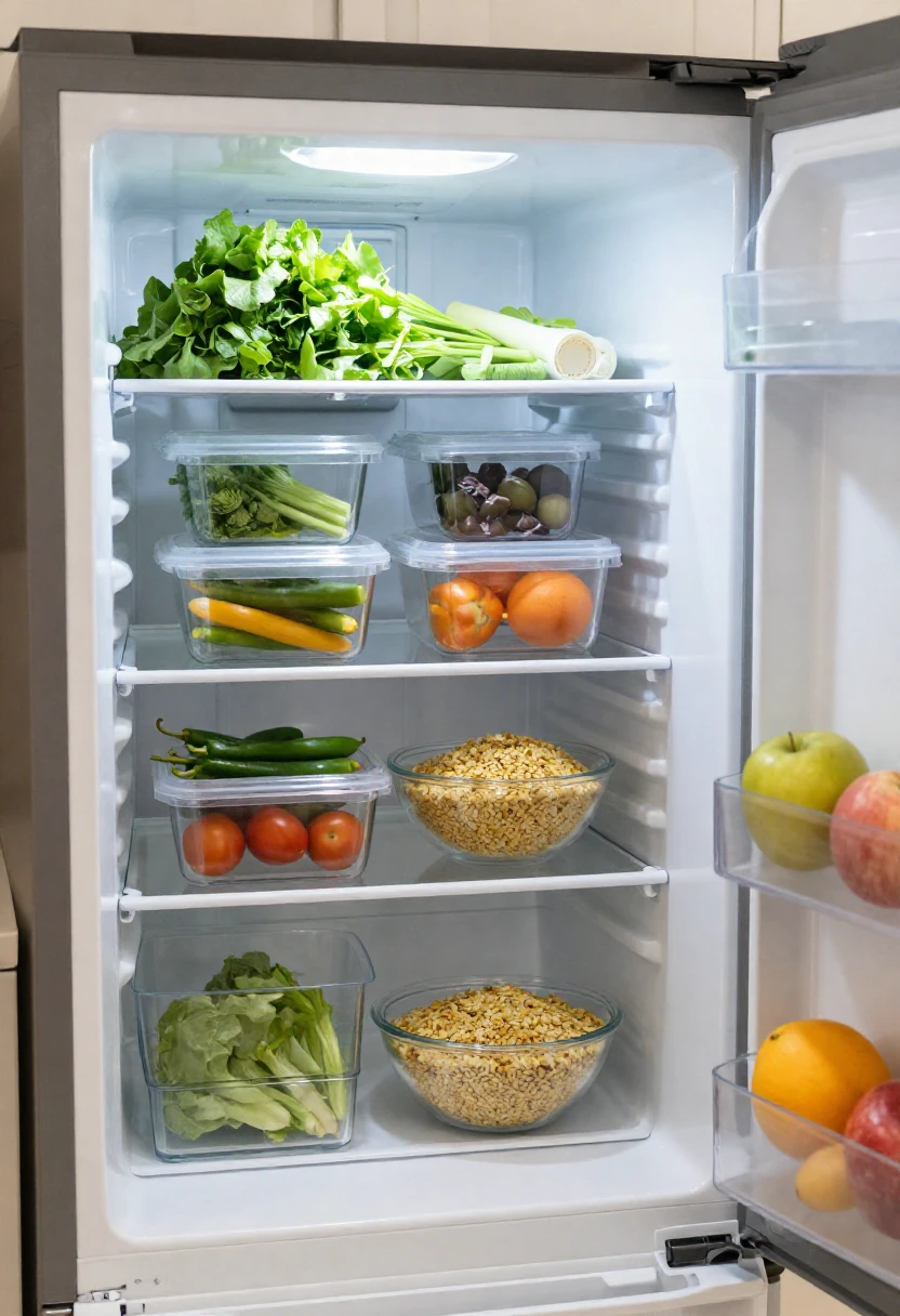 Well-organized refrigerator with healthy meal prep ingredients and fresh vegetables at eye level