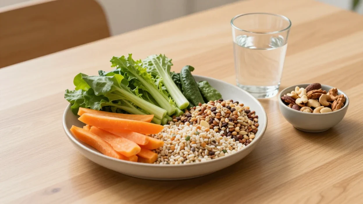 Five healthy eating habits that stick — balanced meal on a wooden table