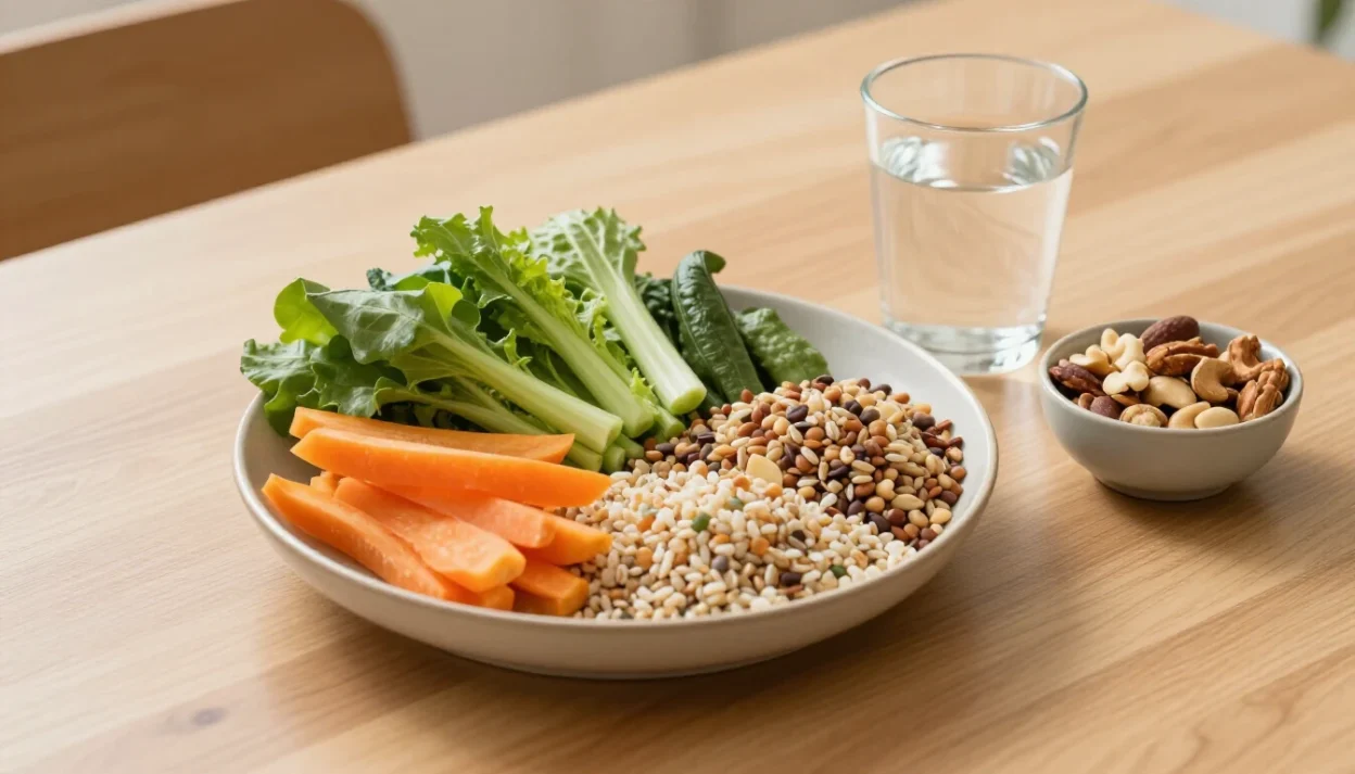 Five healthy eating habits that stick — balanced meal on a wooden table