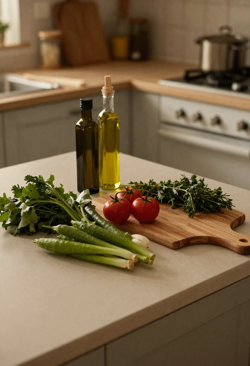 Simple healthy cooking ingredients on a kitchen counter with natural light