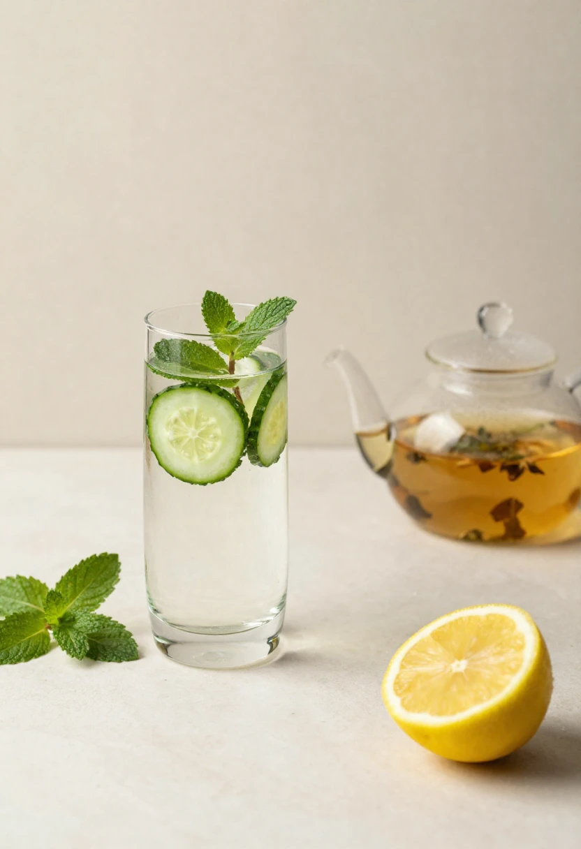 Glass of infused water with cucumber and mint next to herbal tea representing healthy hydration habits