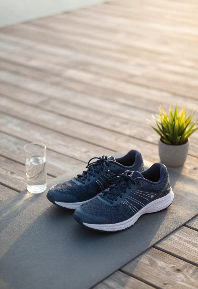 Running shoes and yoga mat representing heart-healthy lifestyle habits for cholesterol management