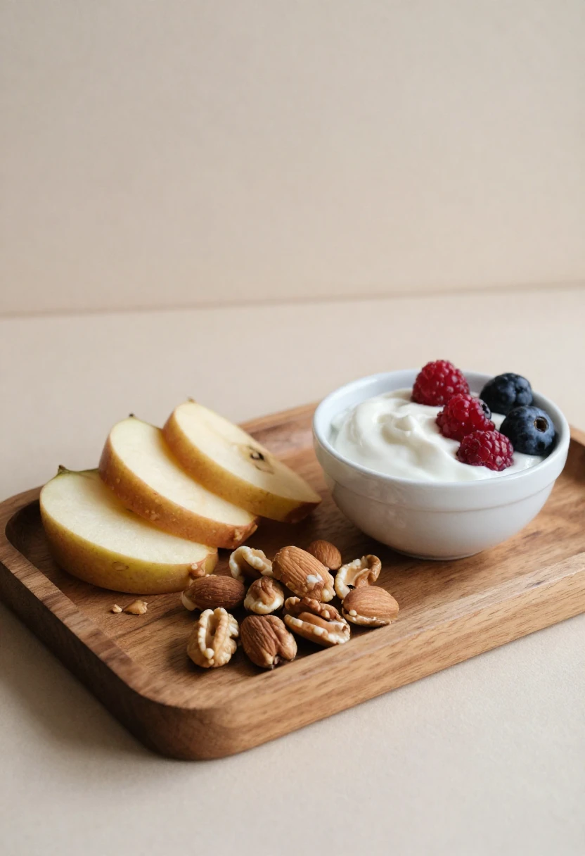 Healthy snack ideas arranged on a wooden tray with natural light